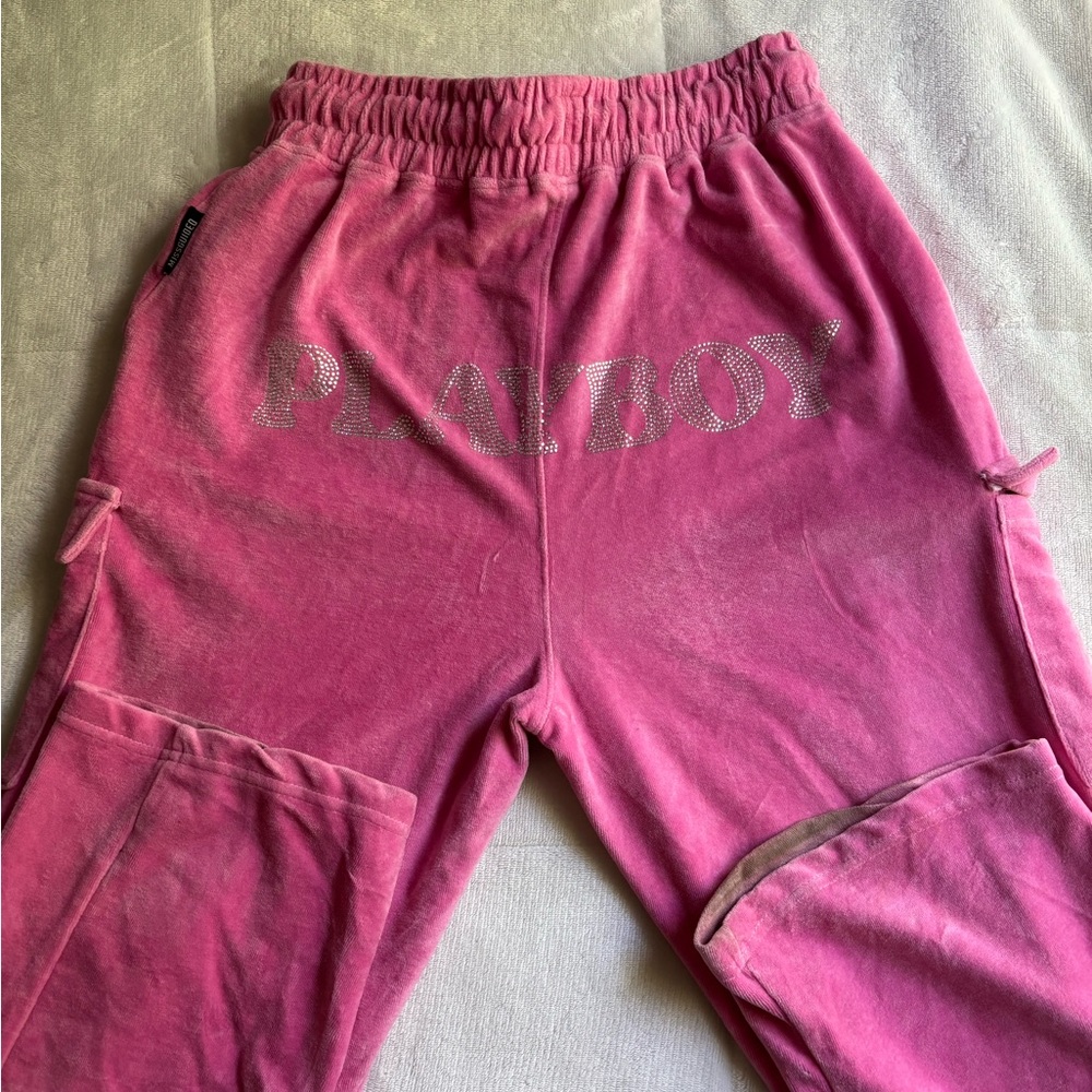 PLAYBOY x Misguided Velour Diamante Pink Cargo Joggers‼️